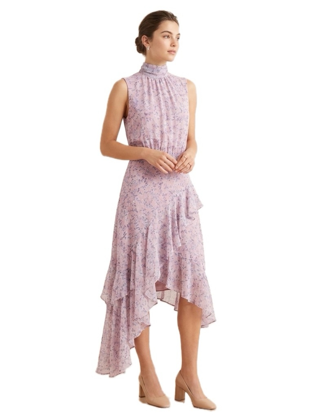 CeCe Pink Floral Mock Neck Asymmetrical Ruffle Hem Dress